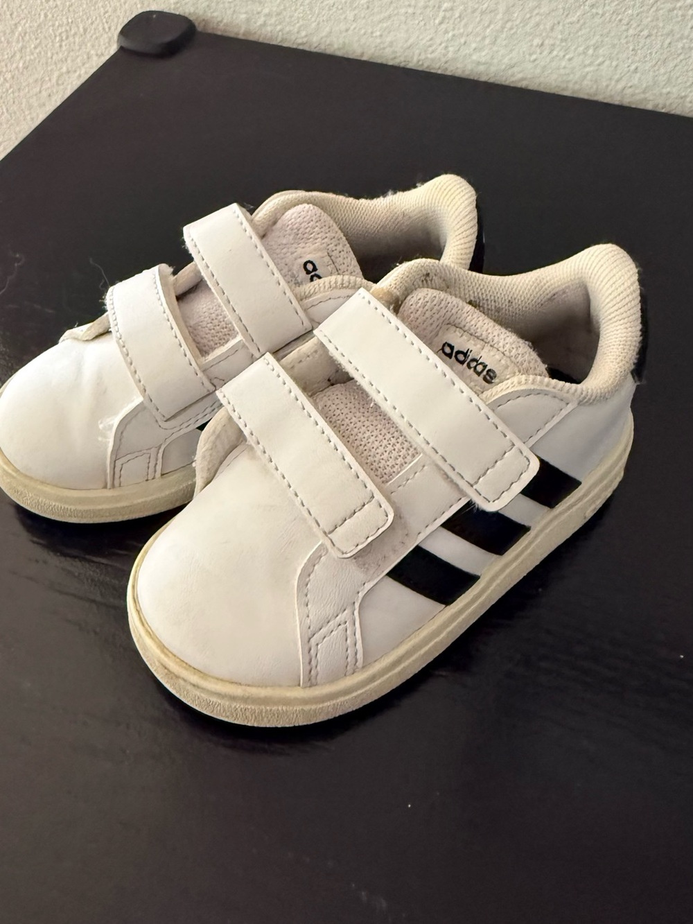 Kids Adidas White Velcro Sneakers with Black Stripes